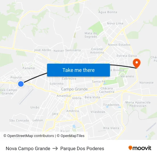Nova Campo Grande to Parque Dos Poderes map