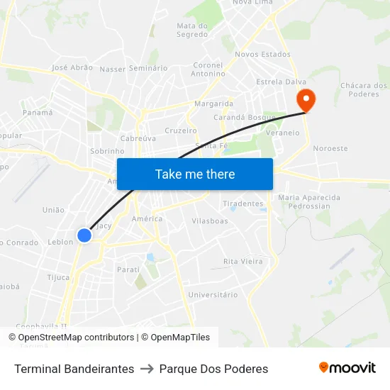 Terminal Bandeirantes to Parque Dos Poderes map