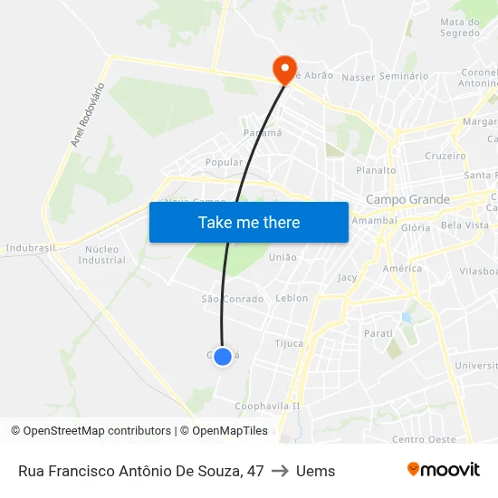 Rua Francisco Antônio De Souza, 47 to Uems map