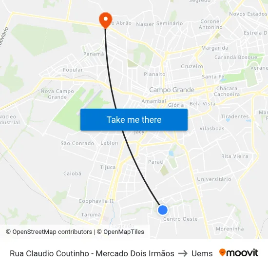 Rua Claudio Coutinho - Mercado Dois Irmãos to Uems map