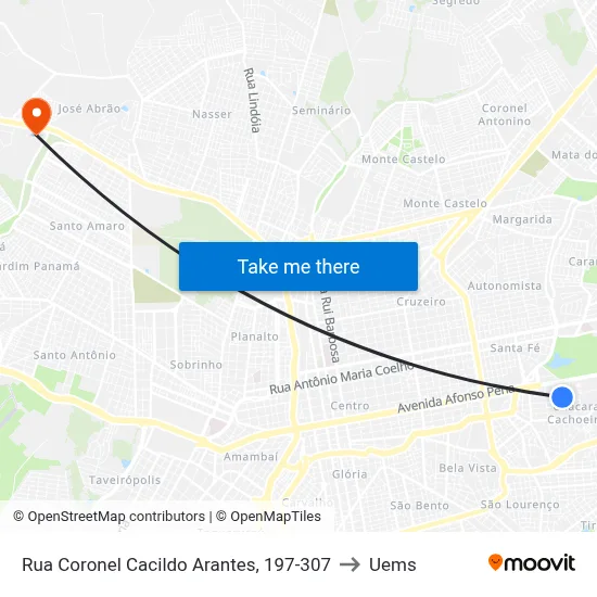 Rua Coronel Cacildo Arantes, 197-307 to Uems map