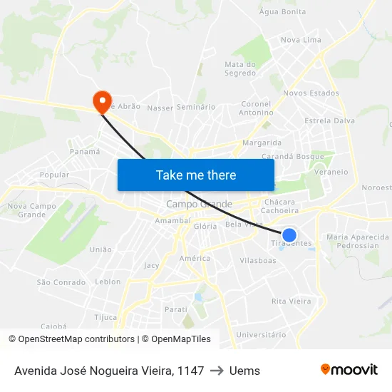 Avenida José Nogueira Vieira, 1147 to Uems map