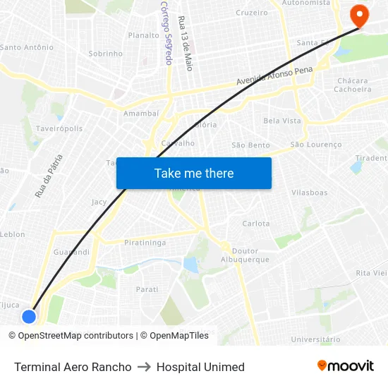 Terminal Aero Rancho to Hospital Unimed map
