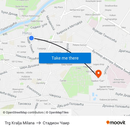 Trg Kralja Milana to Стадион Чаир map