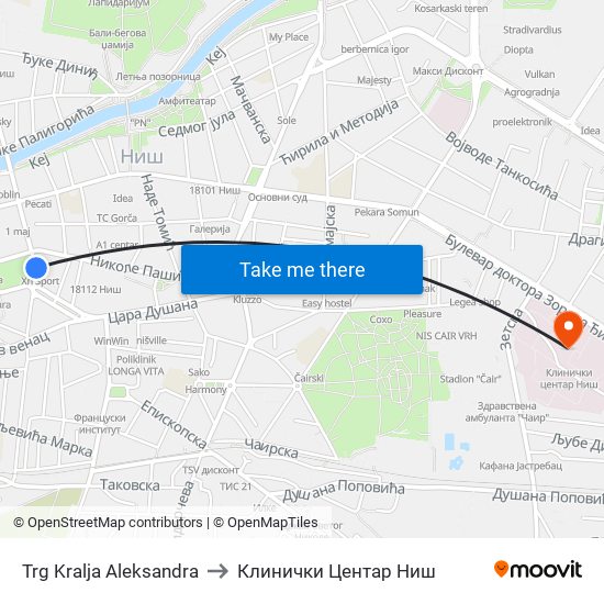 Trg Kralja Aleksandra to Клинички Центар Ниш map