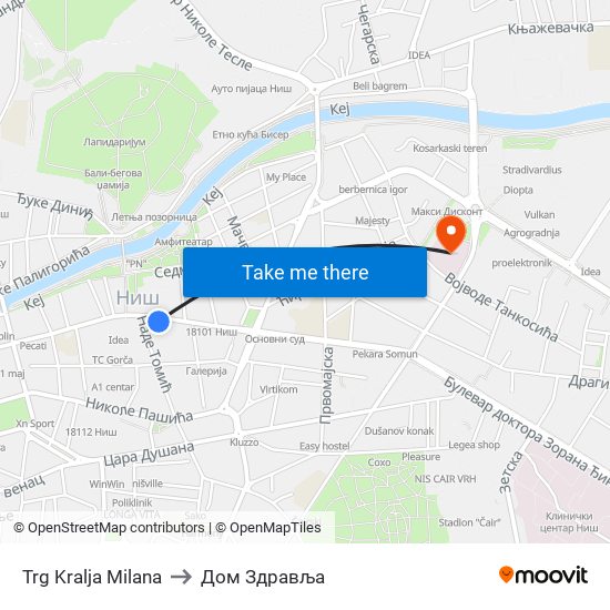 Trg Kralja Milana to Дом Здравља map