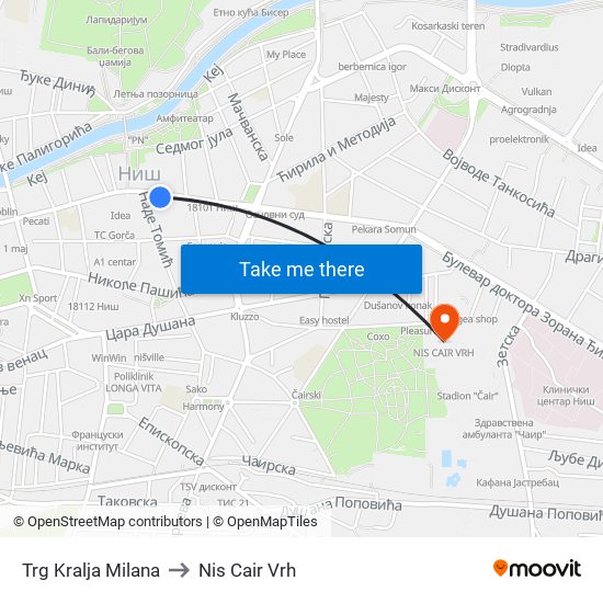 Trg Kralja Milana to Nis Cair Vrh map