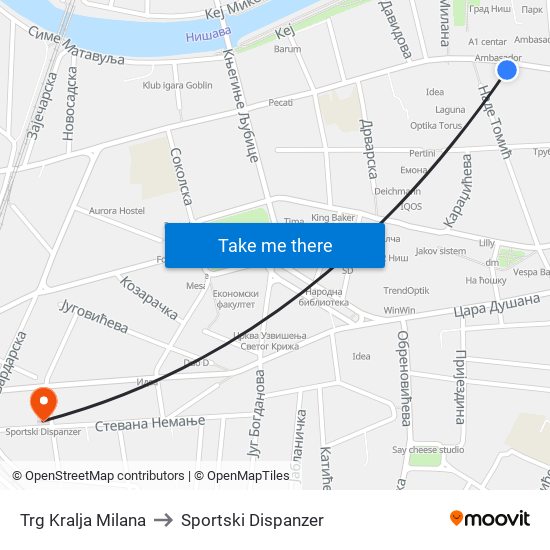 Trg Kralja Milana to Sportski Dispanzer map