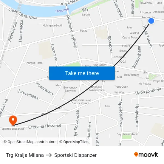Trg Kralja Milana to Sportski Dispanzer map