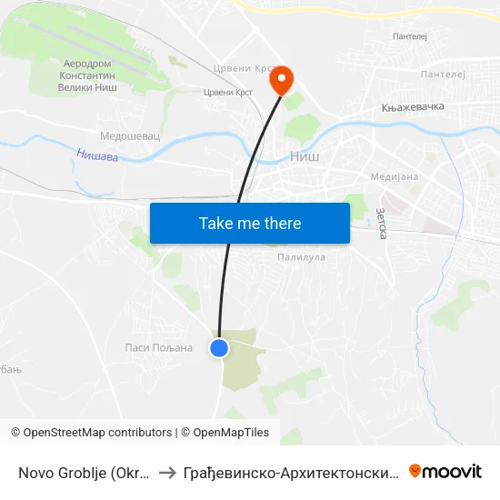 Novo Groblje (Okretnica) to Грађевинско-Архитектонски Факултет map