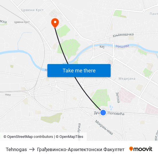 Tehnogas to Грађевинско-Архитектонски Факултет map