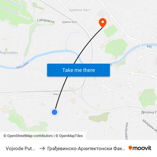 Vojvode Putnika to Грађевинско-Архитектонски Факултет map