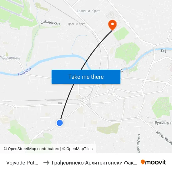 Vojvode Putnika to Грађевинско-Архитектонски Факултет map