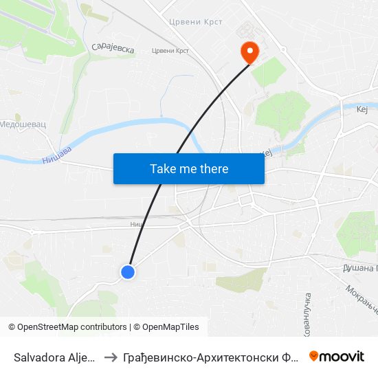 Salvadora Aljendea to Грађевинско-Архитектонски Факултет map