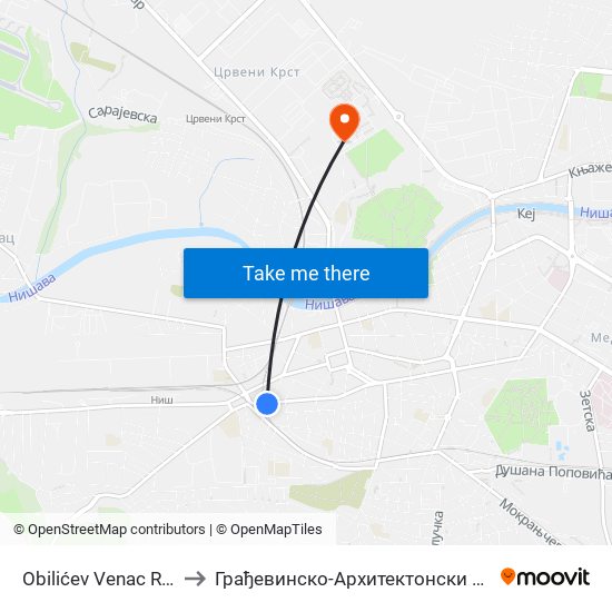 Obilićev Venac Rampa to Грађевинско-Архитектонски Факултет map