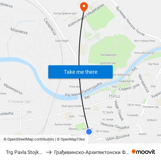 Trg Pavla Stojkovića to Грађевинско-Архитектонски Факултет map