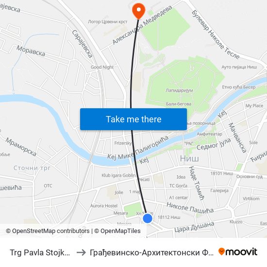 Trg Pavla Stojkovića to Грађевинско-Архитектонски Факултет map