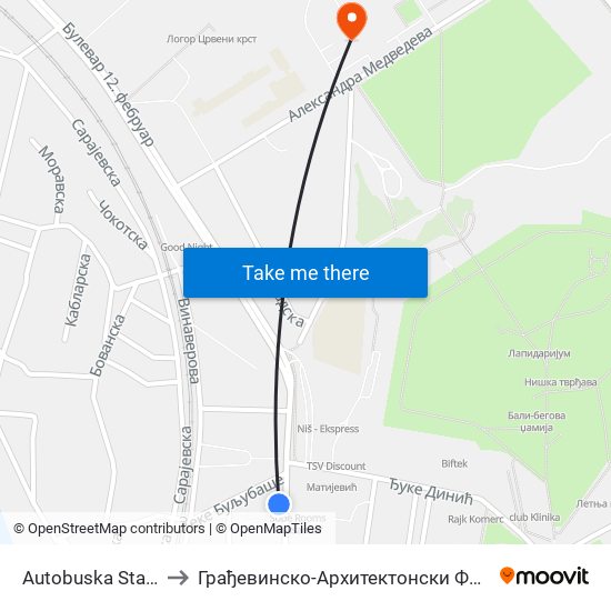 Autobuska Stanica to Грађевинско-Архитектонски Факултет map