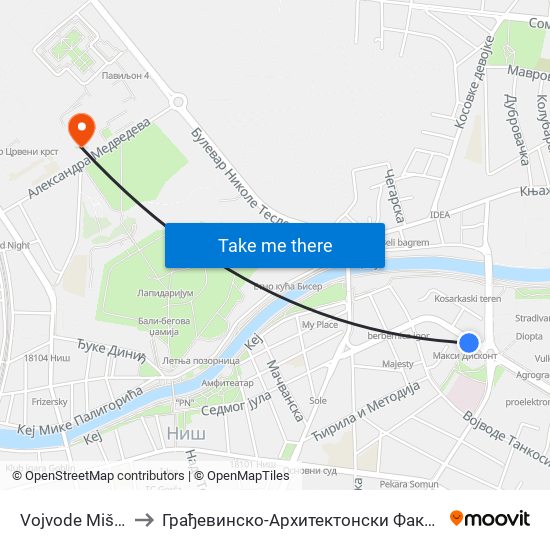 Vojvode Mišića to Грађевинско-Архитектонски Факултет map