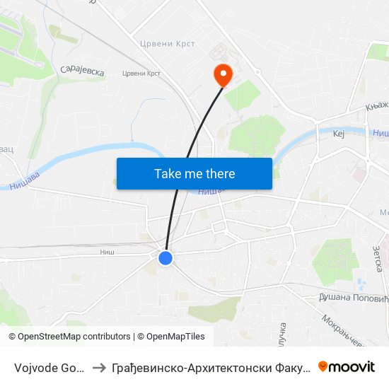 Vojvode Gojka to Грађевинско-Архитектонски Факултет map