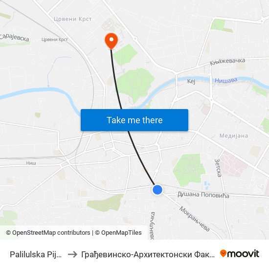 Palilulska Pijaca to Грађевинско-Архитектонски Факултет map