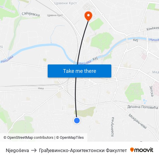 Njegoševa to Грађевинско-Архитектонски Факултет map