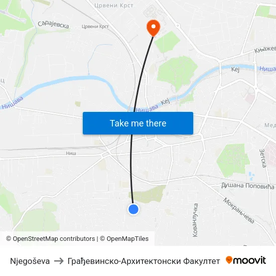 Njegoševa to Грађевинско-Архитектонски Факултет map