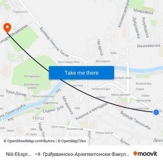 Niš-Ekspres to Грађевинско-Архитектонски Факултет map
