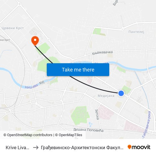 Krive Livade to Грађевинско-Архитектонски Факултет map