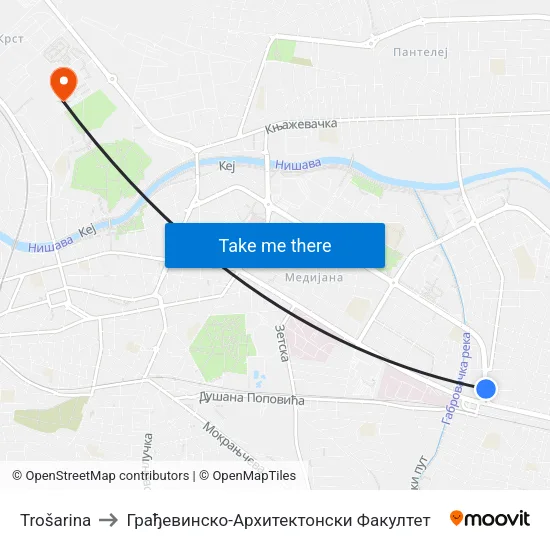 Trošarina to Грађевинско-Архитектонски Факултет map