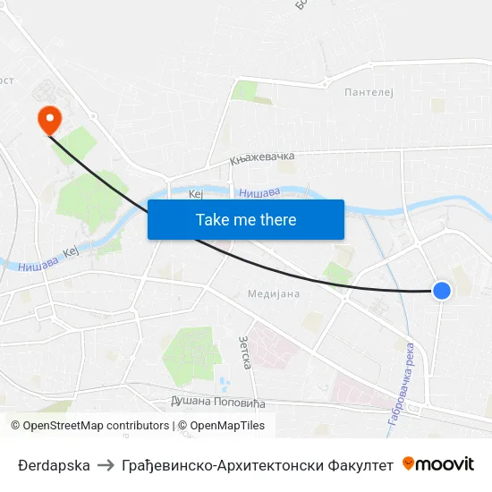 Đerdapska to Грађевинско-Архитектонски Факултет map