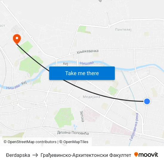 Đerdapska to Грађевинско-Архитектонски Факултет map