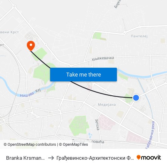 Branka Krsmanovića to Грађевинско-Архитектонски Факултет map