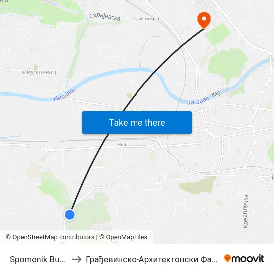 Spomenik Bubanj to Грађевинско-Архитектонски Факултет map