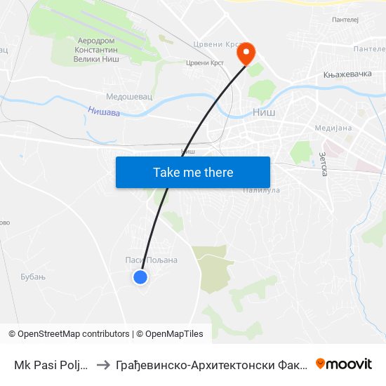 Mk Pasi Poljana to Грађевинско-Архитектонски Факултет map