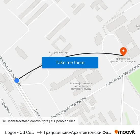Logor - Od Centra to Грађевинско-Архитектонски Факултет map