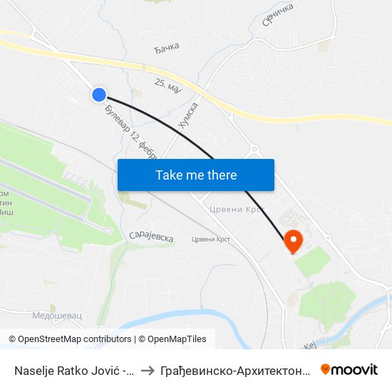 Naselje Ratko Jović - Od Centra to Грађевинско-Архитектонски Факултет map