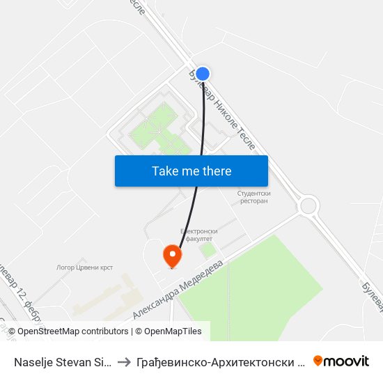 Naselje Stevan Sinđelić to Грађевинско-Архитектонски Факултет map