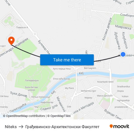 Niteks to Грађевинско-Архитектонски Факултет map