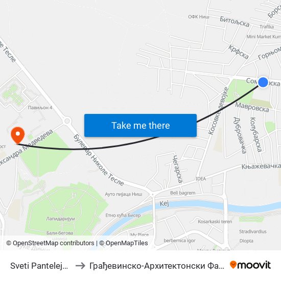Sveti Pantelejmon to Грађевинско-Архитектонски Факултет map