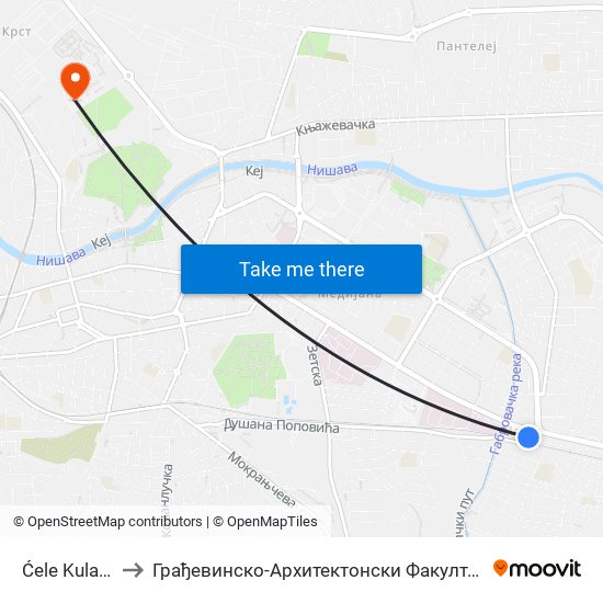Ćele Kula 1 to Грађевинско-Архитектонски Факултет map
