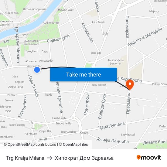 Trg Kralja Milana to Хипократ Дом Здравља map