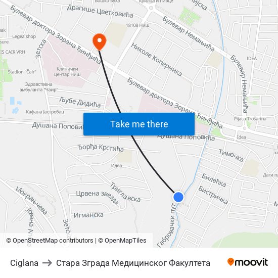 Ciglana to Стара Зграда Медицинског Факултета map