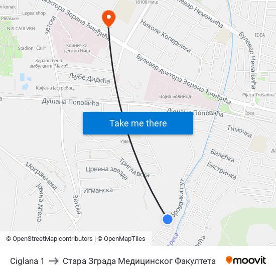 Ciglana 1 to Стара Зграда Медицинског Факултета map