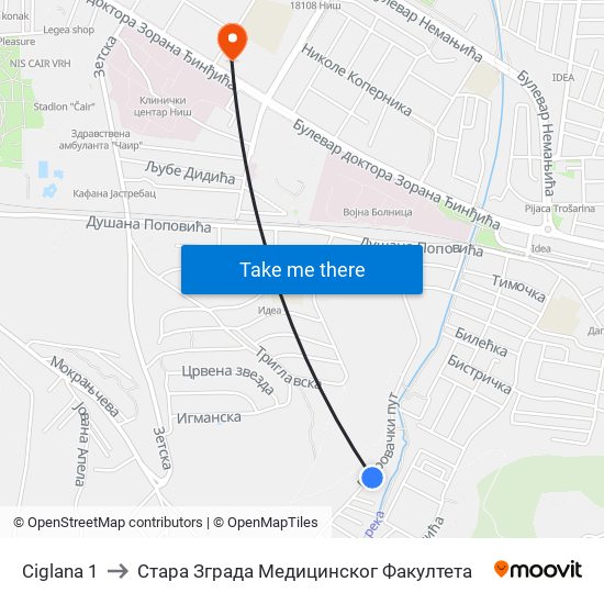 Ciglana 1 to Стара Зграда Медицинског Факултета map