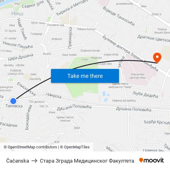 Čačanska to Стара Зграда Медицинског Факултета map