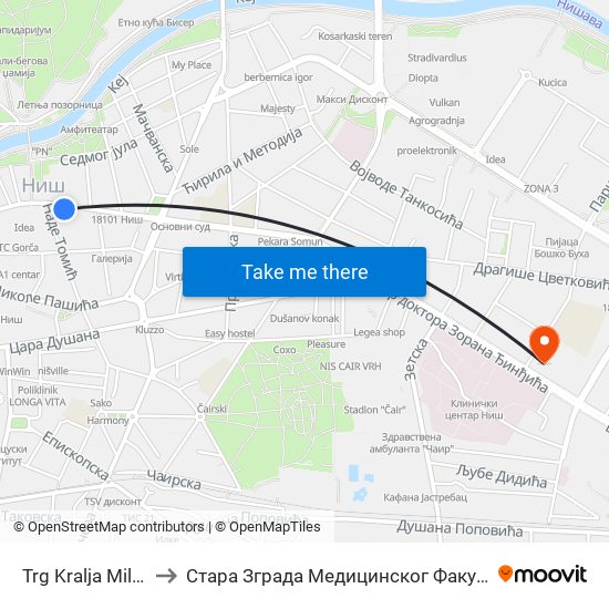 Trg Kralja Milana to Стара Зграда Медицинског Факултета map