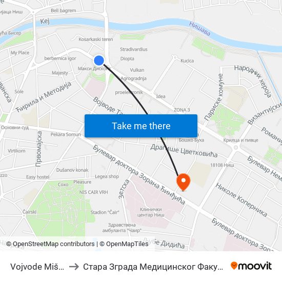 Vojvode Mišića to Стара Зграда Медицинског Факултета map