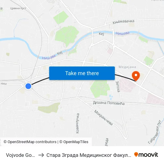 Vojvode Gojka to Стара Зграда Медицинског Факултета map