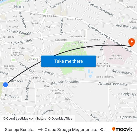 Stanoja Bunuševca to Стара Зграда Медицинског Факултета map